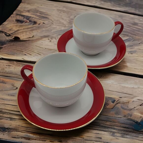 Service for Two 4 Piece Ten Strawberry Street Red Gold Cup Saucer Dish Gift Set - Picture 11 of 11